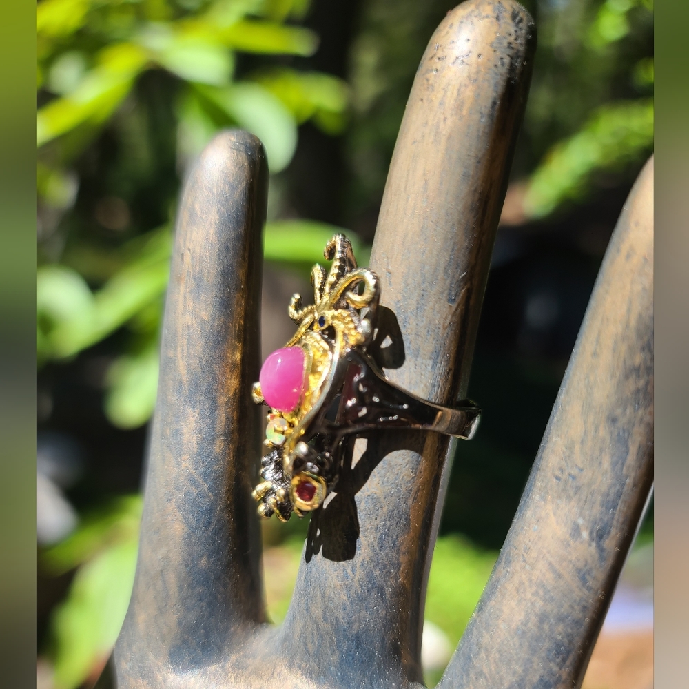 Star Ruby Opal & Garnet sterling rhodium & gold ring sz7 - Picture 8 of 8